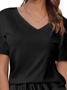 EKOUAER - Black V-Neck Ribbed Short Sleeve Top